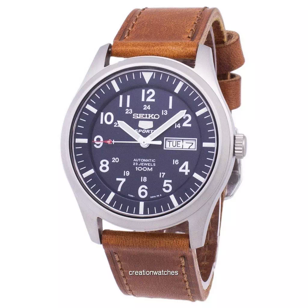 再生品 Seiko 5 Sports 自動巻き Brown Leather SNZG11K1-var-LS9 100m防水 メンズ腕時計
