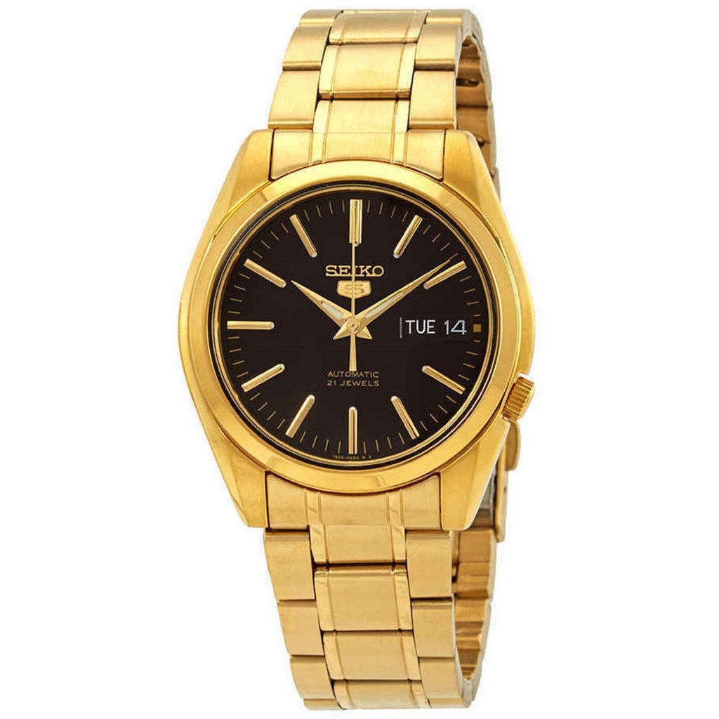 再生品 Seiko 5 Sports Gold Tone ステンレススチール 黒文字盤 21 Jewels 自動巻き SNKL50K1 メンズ腕時計