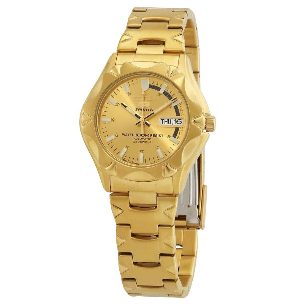 再生品 Seiko 5 Sports Gold Tone ステンレススチール Gold Dial 自動巻き SNZ450J1 100m防水 メンズ腕時計