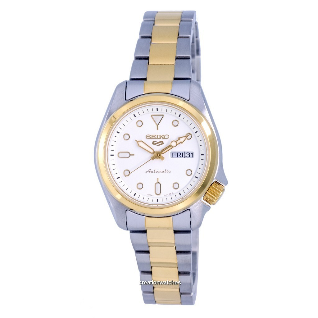 再生品 Seiko 5 Sports Two Tone ステンレススチール 白文字盤 自動巻き SRE004 SRE004K1 SRE004K 100m防水 レディース腕時計