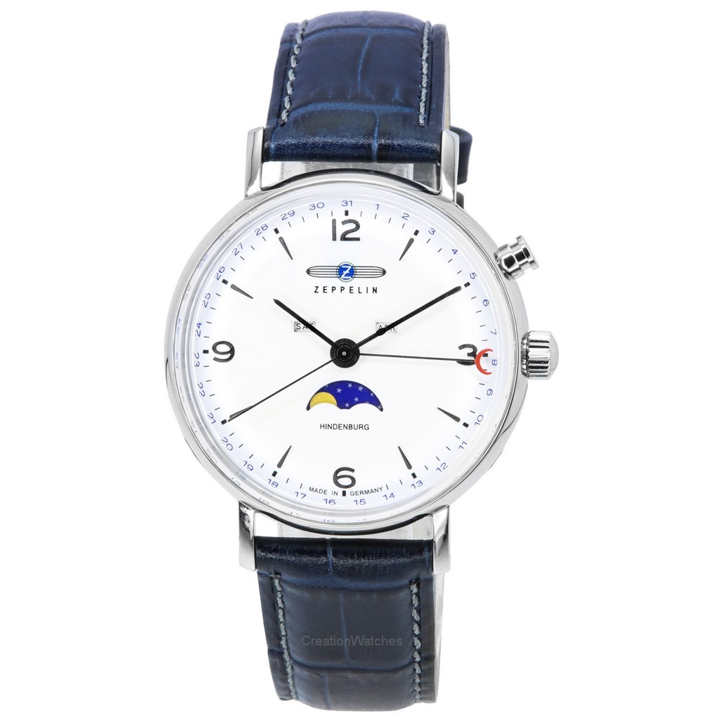 再生品 Zeppelin LZ 129 Hindenburg レザーベルト Moon Phase 白文字盤 クォーツ 80761 メンズ腕時計