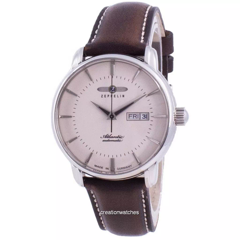 再生品 Zeppelin Atlantic Beige Dial レザーベルト 自動巻き 8466-5 84665 メンズ腕時計