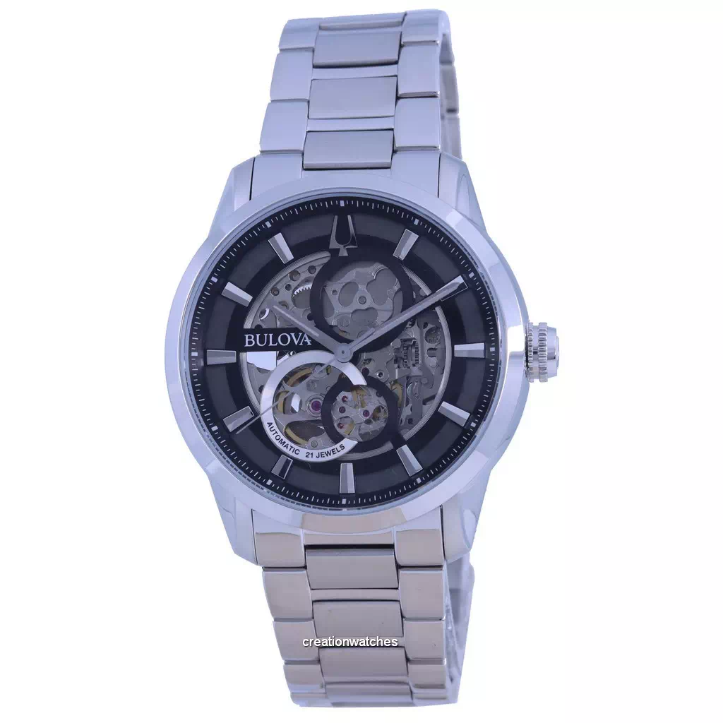 再生品 Bulova Classic Skeleton 黒文字盤 ステンレススチール 自動巻き 96A208 メンズ腕時計