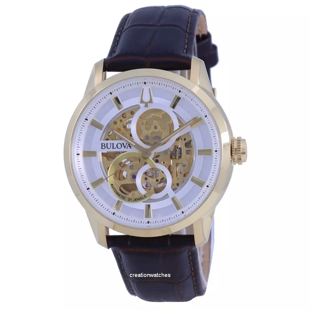 再生品 Bulova Classic Sutton Skeleton 白文字盤 レザーベルト 自動巻き 97A138 メンズ腕時計