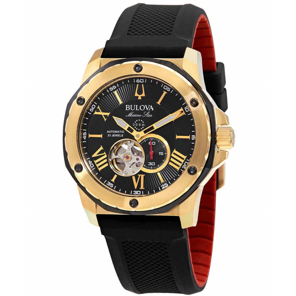 再生品 Bulova Marine Star Open Heart 黒文字盤 自動巻き ダイバーズ 98A272 200m防水 メンズ腕時計