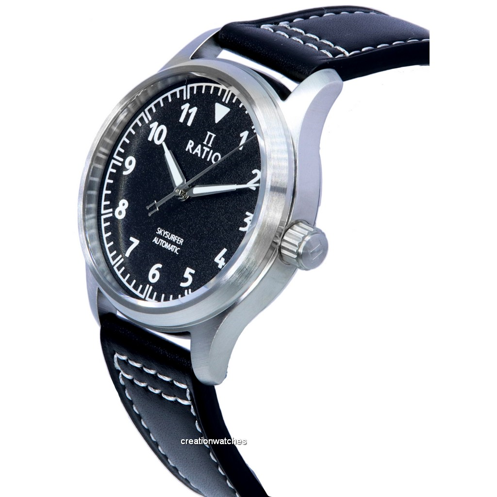 Reloj para hombre Ratio Skysurfer Pilot Black Textured Dial Leather Automatic RTS303 200M