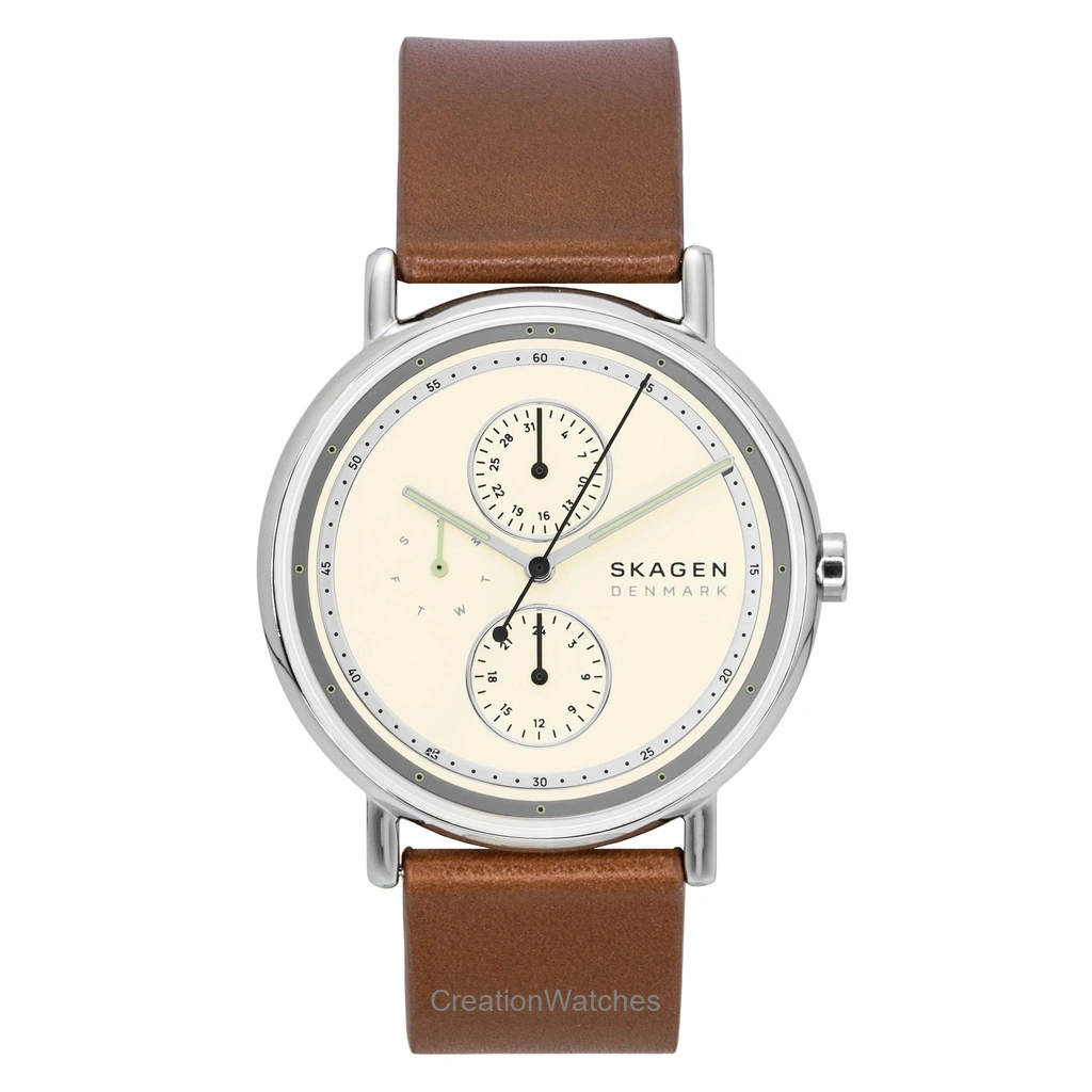 Skagen Signatur レザーベルト Multifunction Cream Dial クォーツ SKW6942 メンズ腕時計