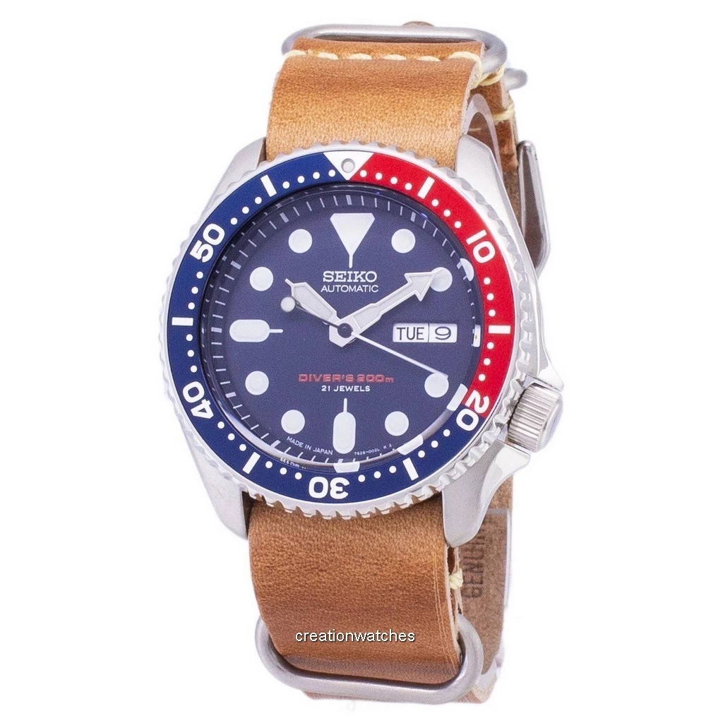 Seiko Automatic SKX009J1-var-LS18 Diver's 200M Japan Made Brown Leather Strap Men's Watch