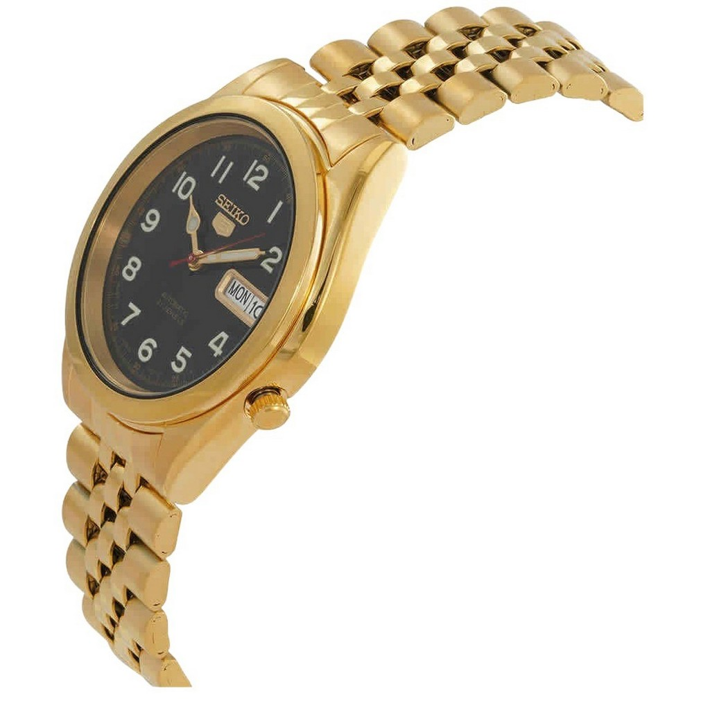 Seiko 5 Gold Tone Jubilee Bracelet Black Dial 21 Jewels Automatic นาฬิกาข้อมือผู้ชาย SNKC20J1