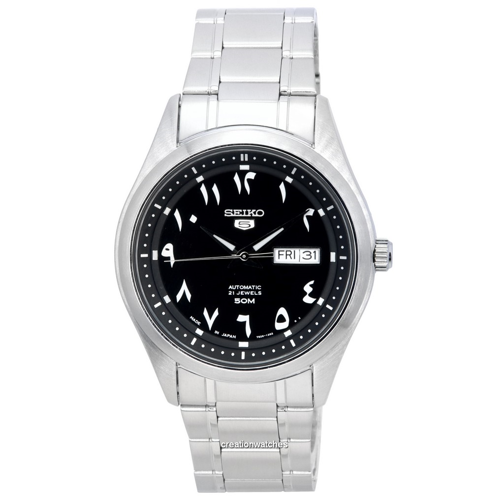 Reloj Seiko 5 de acero inoxidable con esfera árabe negra automática SNKP21 SNKP21J1 SNKP21J para hombre