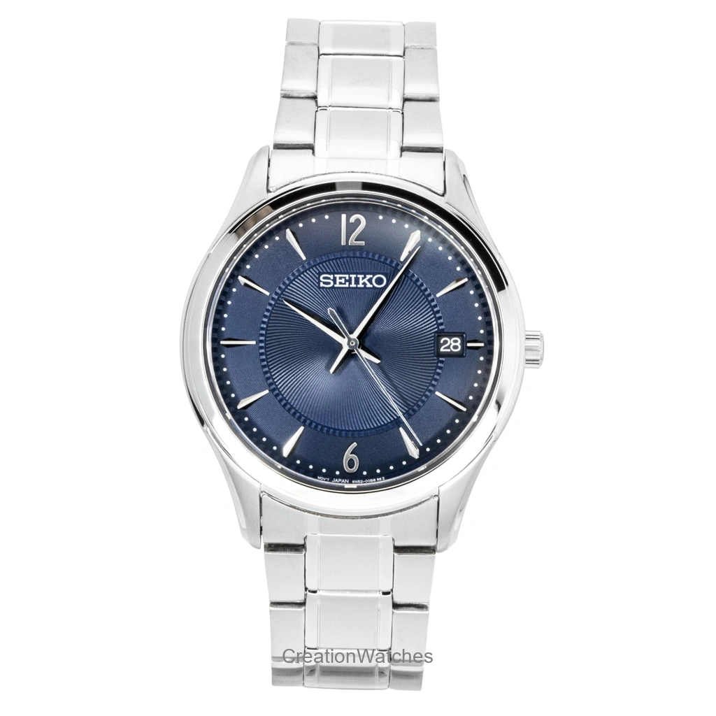 Seiko Classic ステンレススチール 青文字盤 クォーツ SUR419P1 100m防水 メンズ腕時計