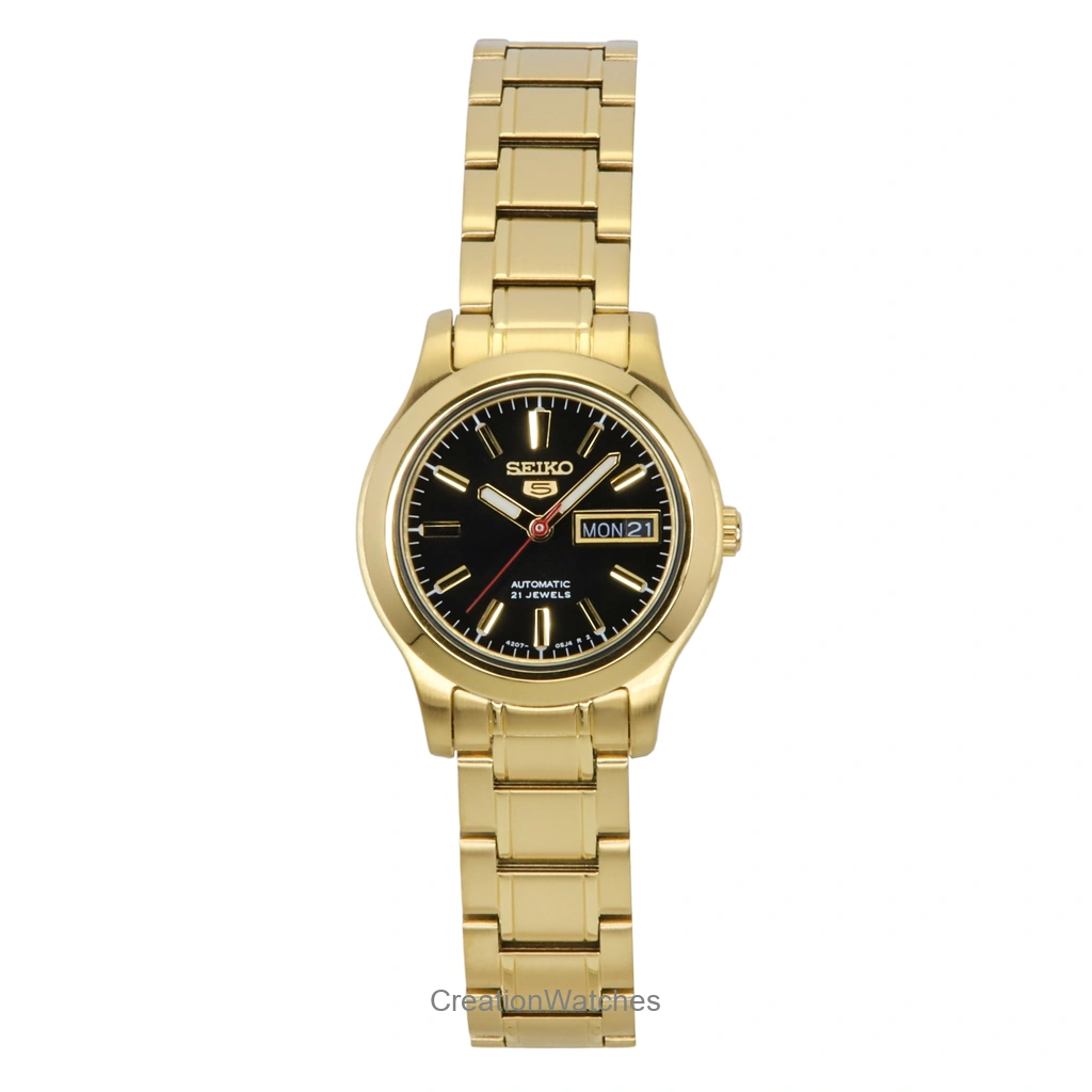 Seiko 5 Classic Gold Tone ステンレススチール 黒文字盤 21 Jewels 自動巻き SYMD96K1 レディース腕時計