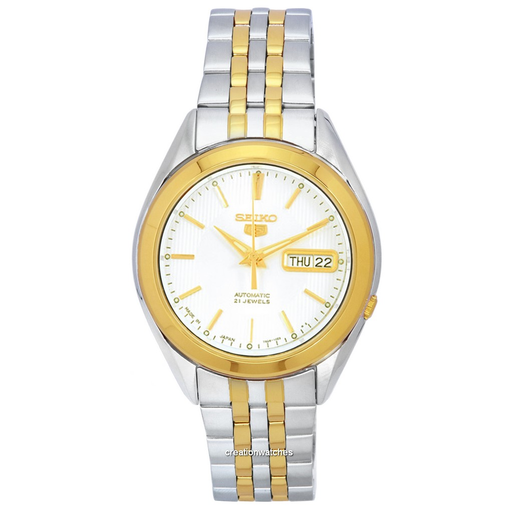 再生品 Seiko 5 Two Tone ステンレススチール 白文字盤 自動巻き SNKL24J1 メンズ腕時計