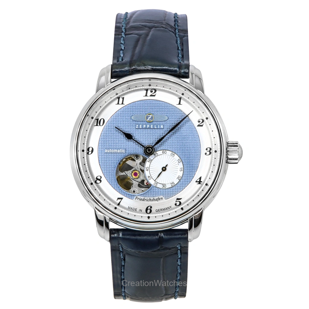 Zeppelin Friedrichshafen レザーベルト Blue Open Heart Dial 自動巻き 85663 メンズ腕時計