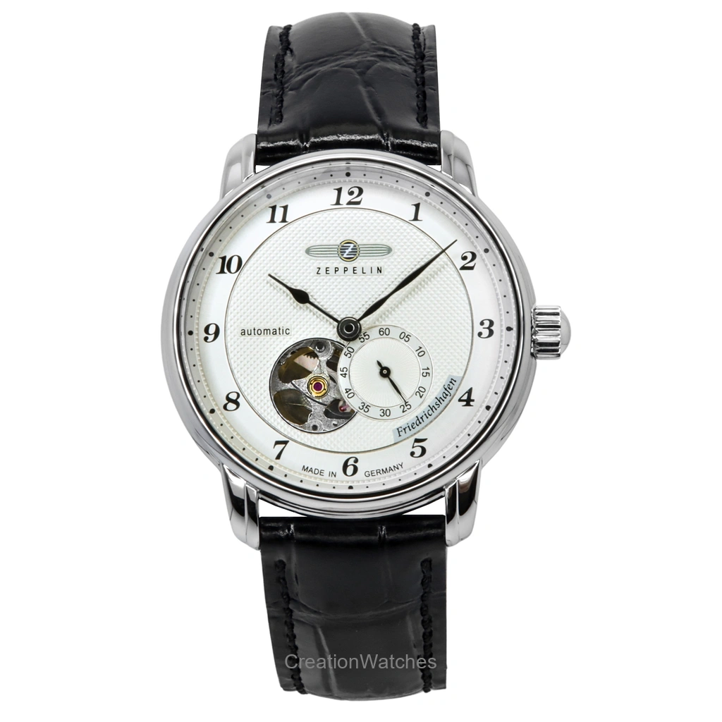 Zeppelin Friedrichshafen レザーベルト Silver Open Heart Dial 自動巻き 85664 メンズ腕時計