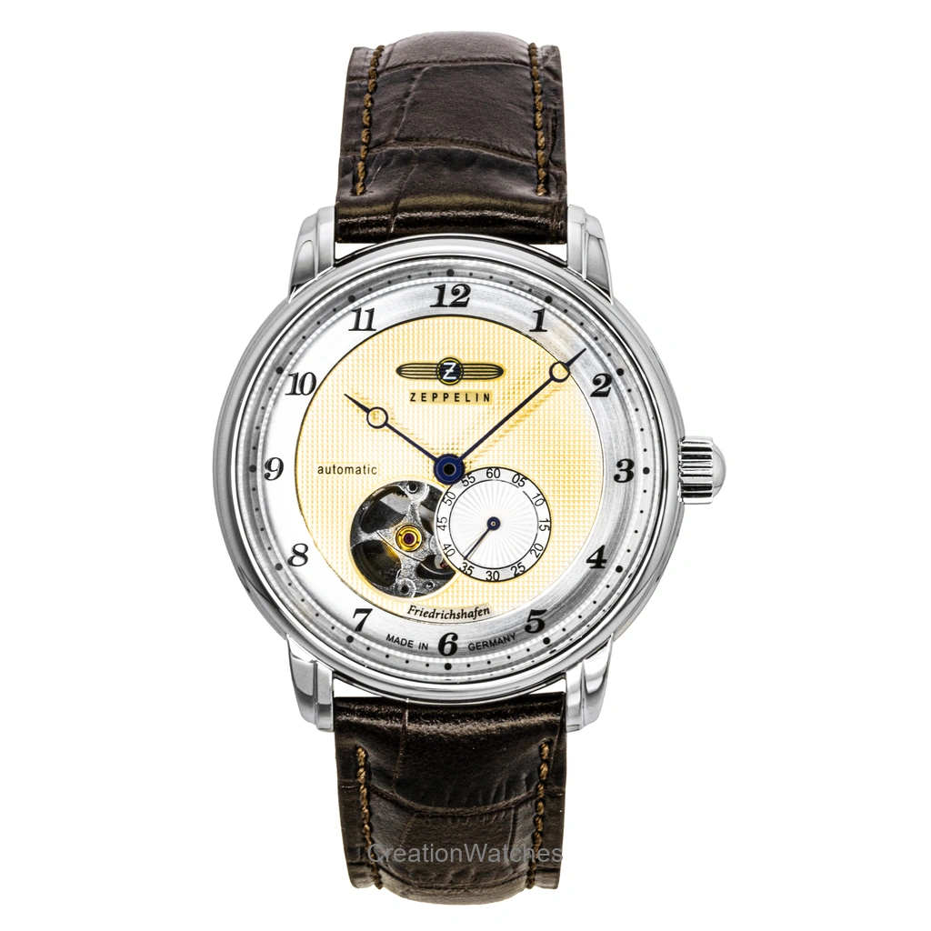Zeppelin Friedrichshafe Brown レザーベルト Open Heart Gold Dial 自動巻き 85665 メンズ腕時計