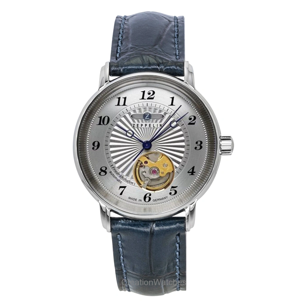 Zeppelin Friedrichshafen レザーベルト Open Heart Silver Dial 自動巻き 85671 メンズ腕時計