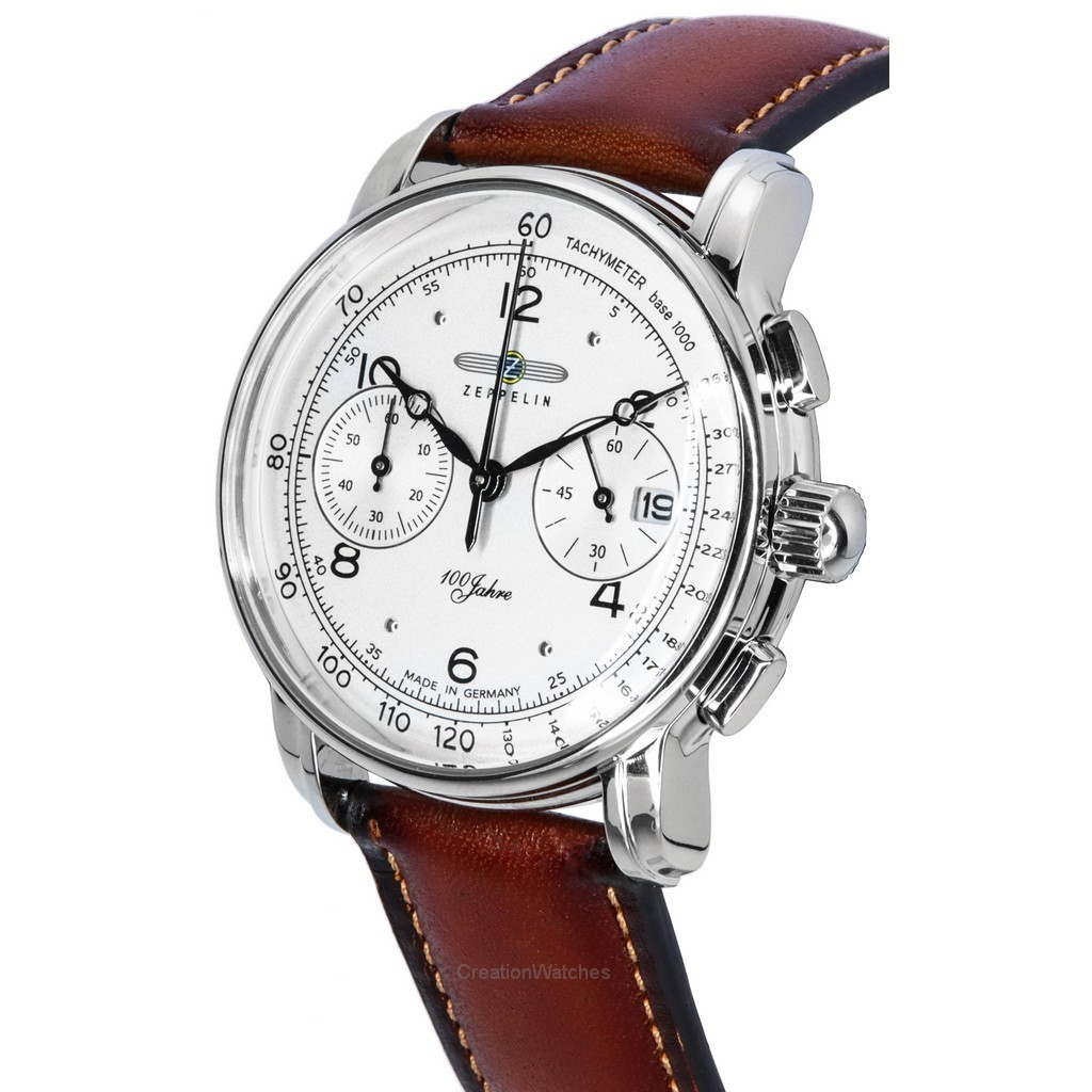 Zeppelin 100 Jahre Chronograph Leather Strap White Dial Quartz 86761 Men's  Watch