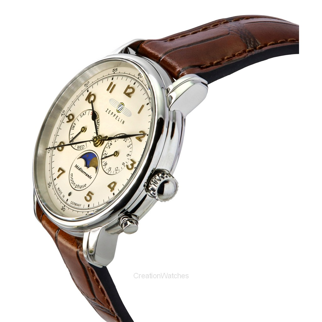 Zeppelin Mediterranean Moon Phase leren band beige wijzerplaat quartz 96365 herenhorloge