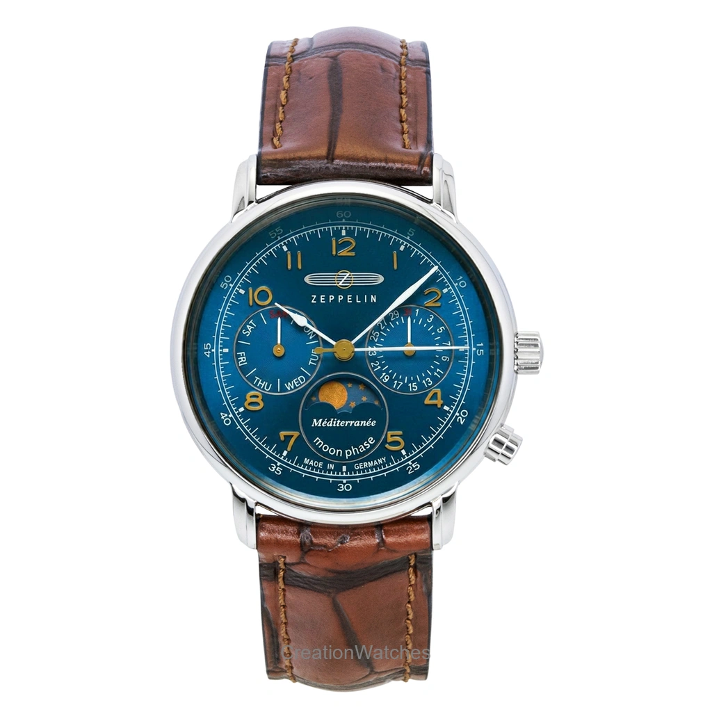 Zeppelin 100 Jahre Mediterranee Moonphase レザーベルト Blue DIal クォーツ 96373 メンズ腕時計