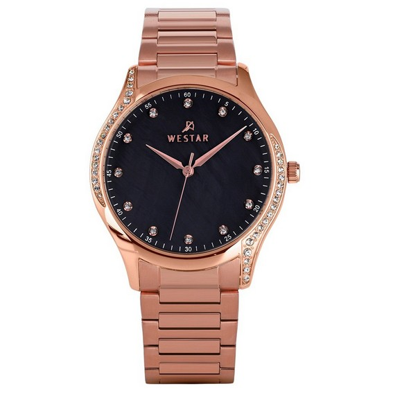 Relógio feminino Westar Zing com detalhes em cristal rosa tom de ouro aço inoxidável preto madrepérola mostrador quartzo 00127PP