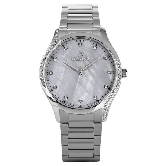Relógio feminino Westar Zing com detalhes em cristal de aço inoxidável branco madrepérola mostrador quartzo 00127STN111