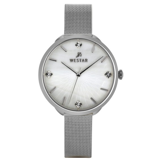 Westar Zing 水晶口音不鏽鋼網白色珍珠母錶盤石英 00128STN11 女士手錶