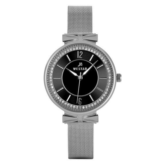 Westar Zing 水晶口音不鏽鋼網手鍊黑色錶盤石英 00130STN103 婦女手錶 zh-CHS