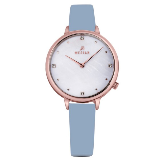 Westar Zing 水晶口音皮革錶帶白色珍珠母錶盤石英 00133PPN681 婦女手錶 zh-CHS
