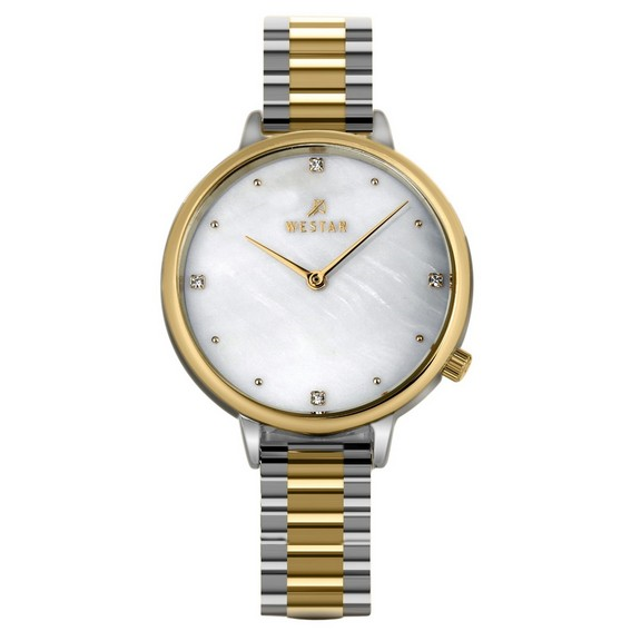 Westar Zing kryształowe akcenty dwukolorowy zegarek damski ze stali nierdzewnej z białą masą perłową i kwarcowy 00135CBN111