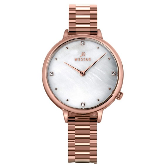 Westar Zing 水晶口音玫瑰金色調不鏽鋼白色珍珠母錶盤石英 00135PPN611 女士手錶