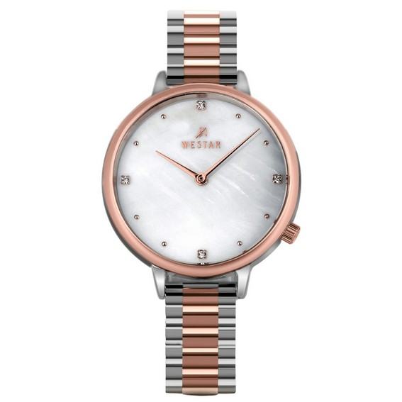 Relógio feminino Westar Zing com detalhes em cristal de dois tons de aço inoxidável branco madrepérola quartzo 00135SPN611