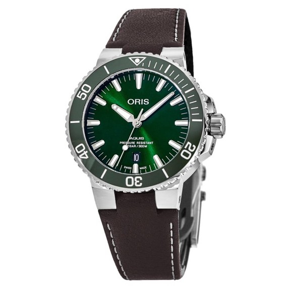 Oris Aquis Date Leather Strap สีเขียว Dial อัตโนมัติ Diver's 01 733 7732 4157-07 5 21 10FC 300M Men's Watch