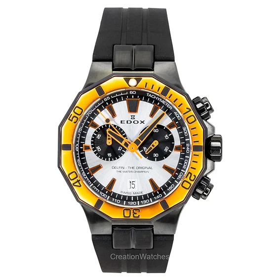 Edox Delfin The Original Chronograph Rubber Strap Silver Dial Quartz Diver's 10112-37GNOCA-ANO 200M Men's Watch
