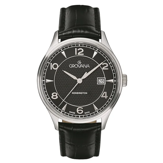 Grovana Kensington Leather Strap Black Dial Quartz 1305.1537 Men's Watch
