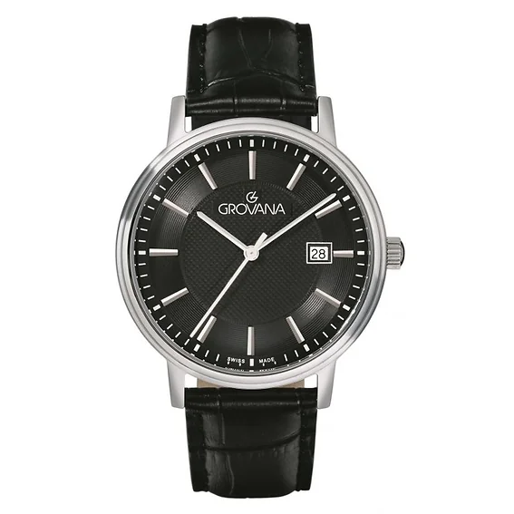 Grovana Kensington Traditional Leather Strap Black Dial Quartz 1550.1534 Men's Watch