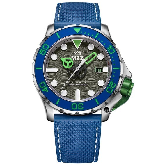 M2Z 整体蓝宝石玻璃蓝色表带灰色表盘自动潜水员 200-003 200M 男士手表