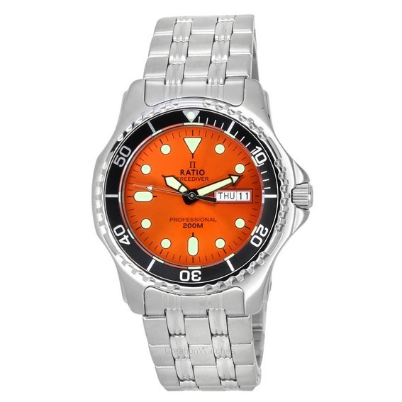 Zegarek męski Ratio FreeDiver Professional Sapphire Sunray Pomarańczowa tarcza Kwarcowy 36JL140-ORG 200M Męski zegarek