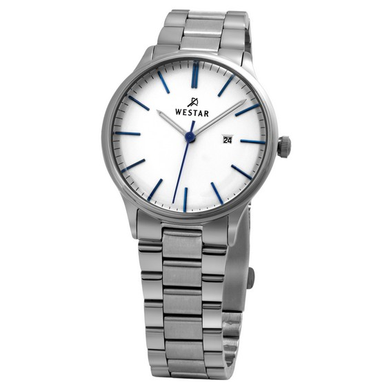 Relógio feminino de quartzo com mostrador branco de aço inoxidável com perfil Westar 40182STN407