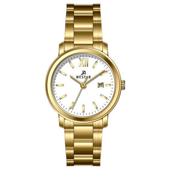 Relógio feminino de quartzo com mostrador branco de aço inoxidável com perfil Westar 40245GPN101