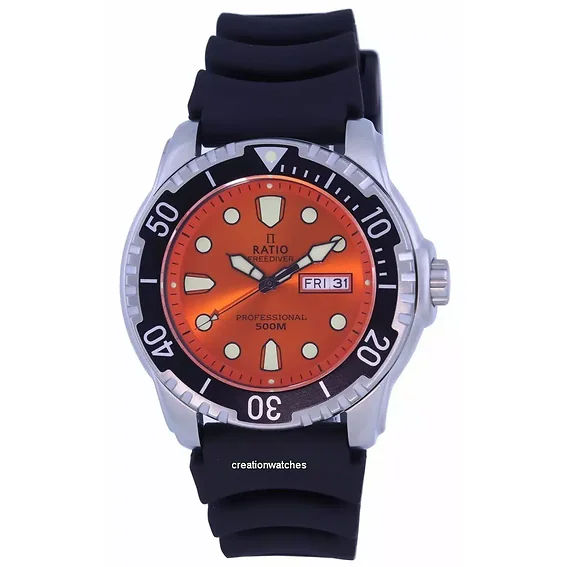 Ratio FreeDiver Orange Dial PU Strap Quartz 48HA90-02-ORG 500m Men's Watch