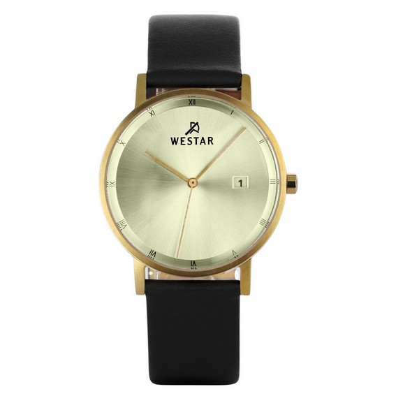 Westar Profile Черный кожаный ремешок Кварцевые мужские часы с легким циферблатом цвета шампанского 50221GPN102