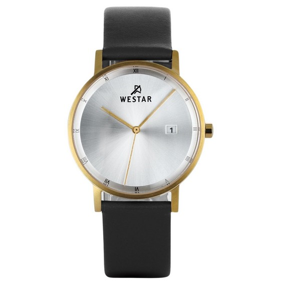 Męski zegarek Westar Profile z czarnym skórzanym paskiem i srebrną tarczą. Kwarcowy 50221GPN107