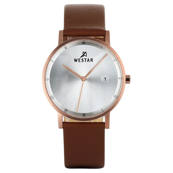 Męski zegarek Westar Profile z brązowym skórzanym paskiem i srebrną tarczą Kwarcowy 50221PPN627