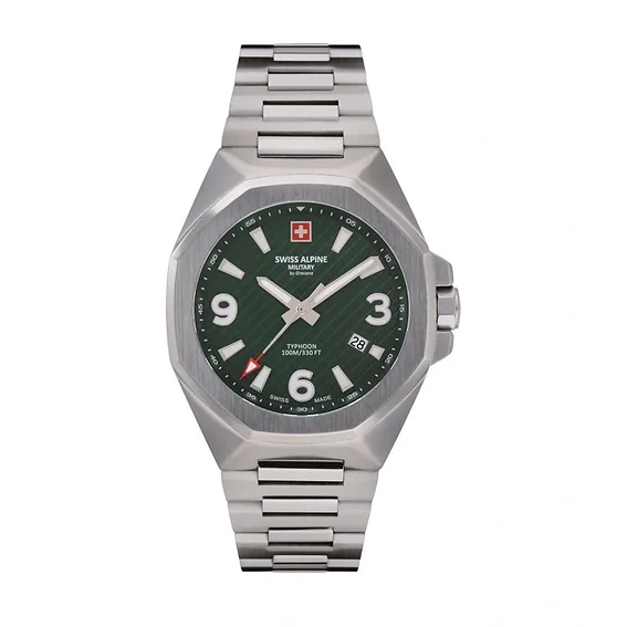 Swiss Alpine Military Typhoon Stainless Steel Green Dial Quartz 7005.1134 100M Men's Watch