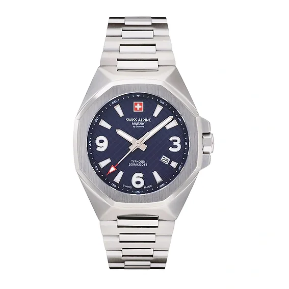 Swiss Alpine Military Typhoon Stainless Steel Blue Dial Quartz 7005.1135 100M Men's Watch