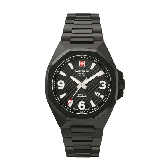 Swiss Alpine Military Typhoon Stainless Steel Black Dial Quartz 7005.1177 100M Men's Watch