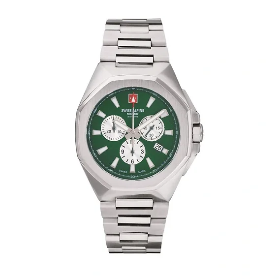 Swiss Alpine Military Typhoon Chrono Stainless Steel Green Dial Quartz 7005.9134 100M Men's Watch
