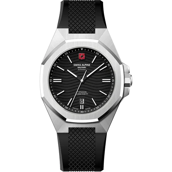 Swiss Alpine Military Typhoon Silicone Strap Black Dial Quartz 7006.1837 100M Men's Watch