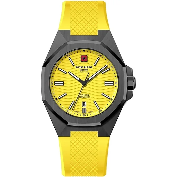 Swiss Alpine Military Typhoon Silicone Strap Yellow Dial Quartz 7006.1878 100M Men's Watch